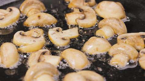Golden Slices Of Champignons Are Fried Into A Hot Pan With Oilin Close Up Sprinkle The Cooked