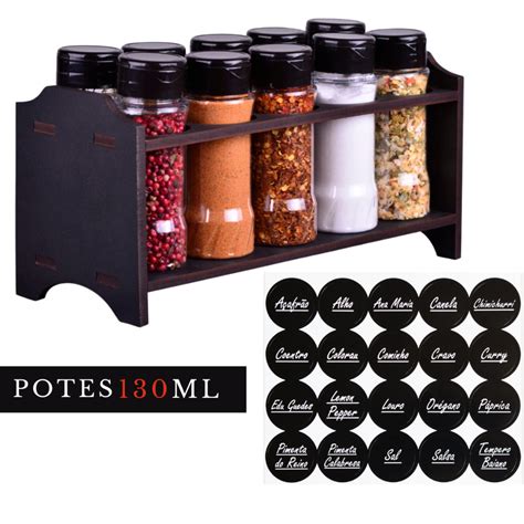 Kit Porta Tempero de Madeira 10 Potes de Tempero Plástico 130ml Tampa