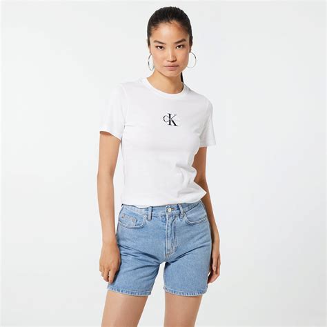 Calvin Klein Monogram Logo Slim Fit Kadın Beyaz T Shirt Kadin T Shirt