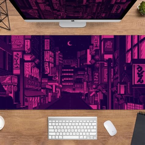 Purple Gaming Desk Mat Vaporwave Mousepad Xl Neon Tokyo Etsy