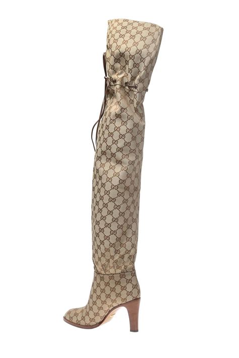 Gucci Leather Heeled Thigh High Boots In Natural Lyst