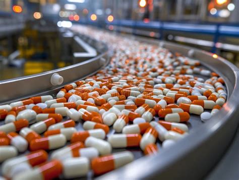 Capsules On A Conveyor Belt In A Pharmaceutical Factory Stock Photo
