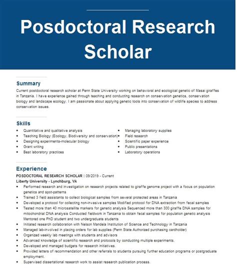 Posdoctoral Research Scholar Resume Example