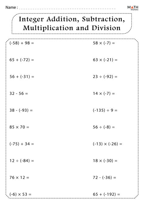 Addition Subtraction Multiplication Division Worksheets With Answer Key