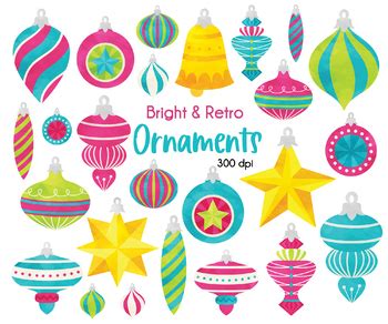 Retro Vintage Christmas Ornaments Clipart, Star Ornament, Pink Teal and ...