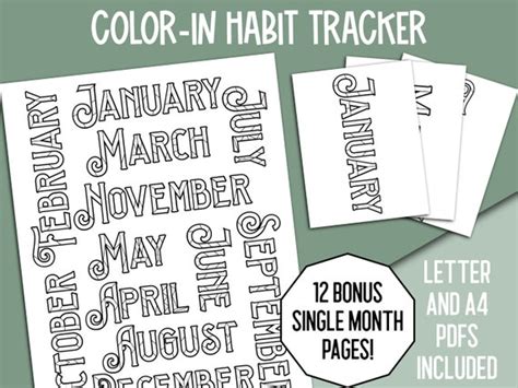 Monthly Color In Habit Tracker Annual Exercise Tracking Etsy