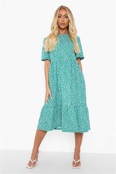 Womens Floral Textured Frill Hem Smock Dress Boohoo Uk