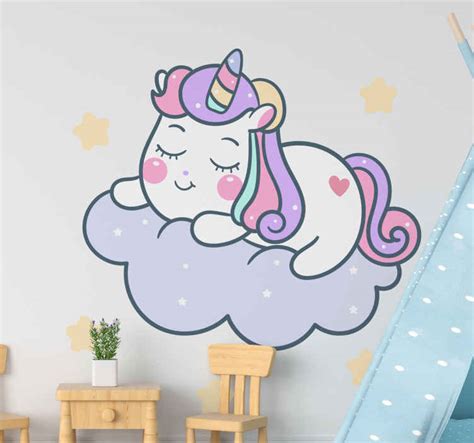 Vinilo Para Ni As Unicornio Durmiendo En Nube Tenvinilo