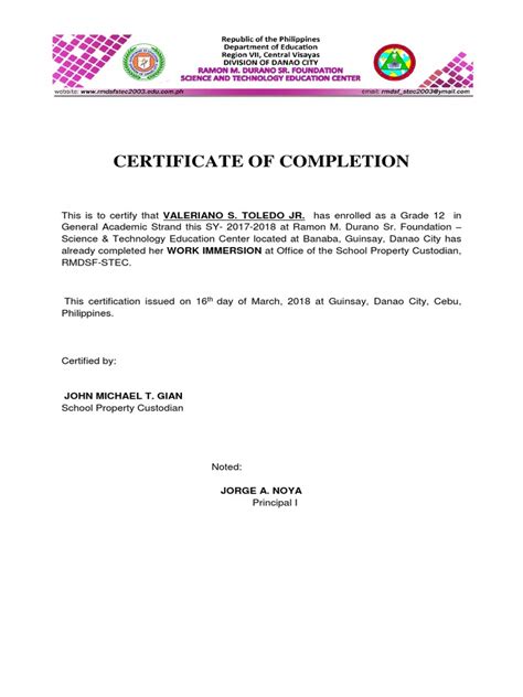 Work Immersion Certificate 2018 Pdf