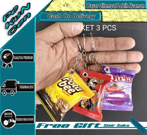 Paket 3 Pcs Gantungan Kunci Miniatur Snack Ciki Makanan Unik Lucu