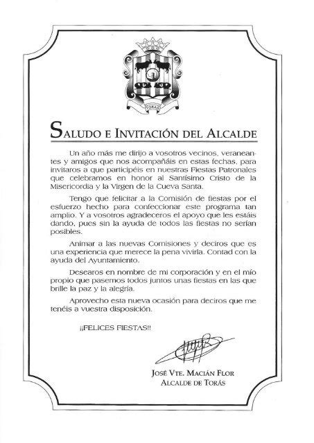 SALUDO E INVITACIÓN DEL ALCALDE Torás