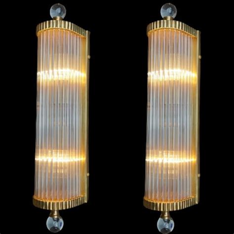 Pair Vintage Art Deco Light Old Lamp Wall Sconces Fixture Brass Glass