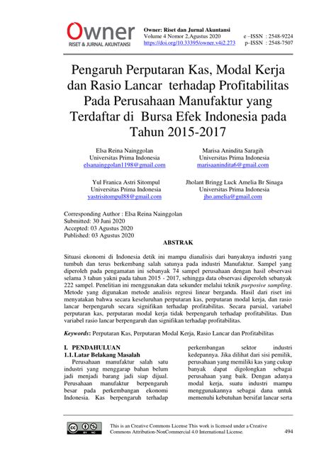 PDF Pengaruh Perputaran Kas Perputaran Modal Kerja Dan Rasio Lancar