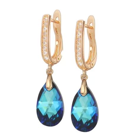 Elegantes Aretes Largos De Gotas De Cristales Swarovski En Oro Lamin