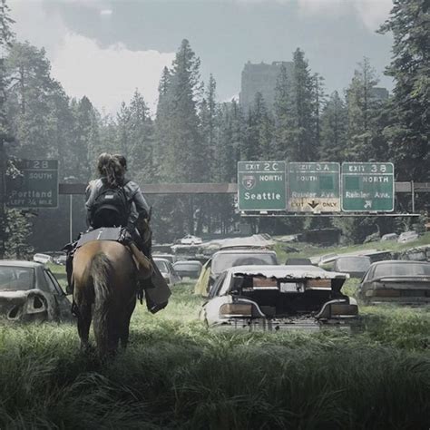 a person riding on the back of a brown horse next to a forest filled ...