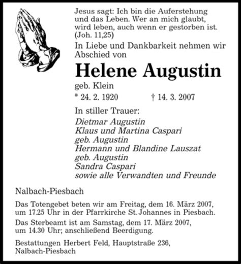 Traueranzeigen Von Helene Augustin Saarbruecker Zeitung Trauer De