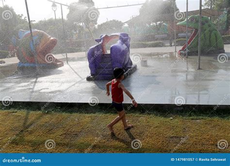 Um Menino Da Crian A De Anos Que Joga No Parque Imagem De Stock