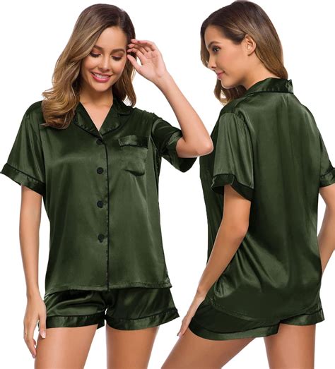 SWOMOG Womens Silk Satin Pajamas Set Short Sleeve Sleepwear Button Down