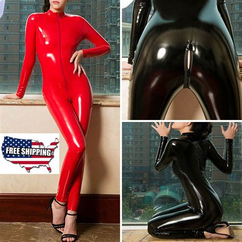 Shiny Glossy Latex Leather Bodysuit Zipper Open Crotch Catsuit Jumpsuit