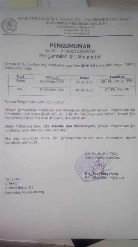 Penguman Pengambilan Jas Almamater Jalur Sbmptn Direktorat