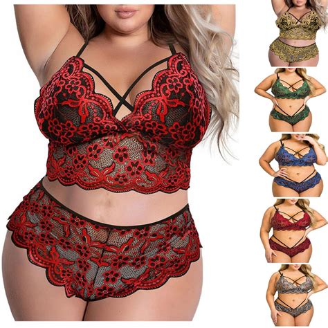 POTETI Plus Size Lingerie For Women Naughty Red Lace Pajama See Through