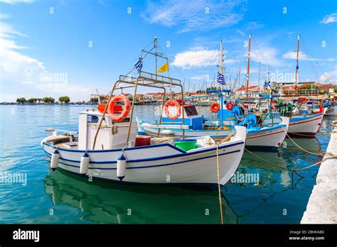 Typical Colourful Greek Fishing Boats In Pythagorion Port Samos Island