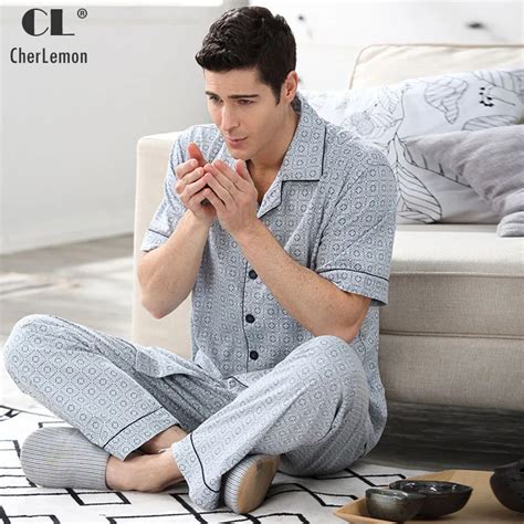 Cherlemon 2017 New Mens Summer Cotton Pyjamas Comfy Short Sleeve Tops And Long Pants Pajama Set