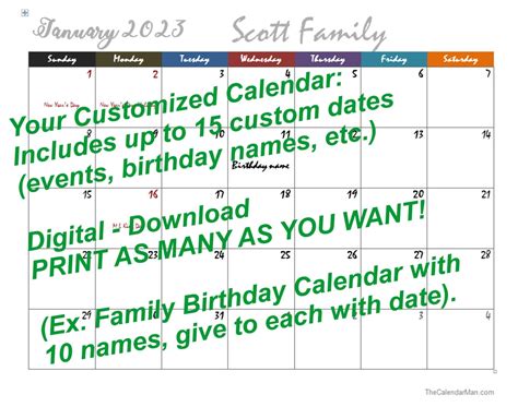 2023 Monthly Birthday Calendar customized up to 15 Birthdays and Events ...