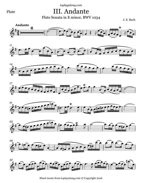 Flute Sonata BWV 1034 III Andante By J S Bach Free Sheet Music