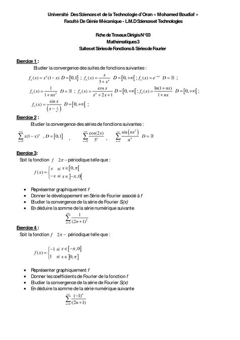 SOLUTION Fiche De Travaux Dirig S Math Matiques Suites Et S Ries De