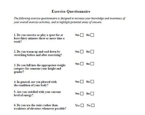 Exercise Questionnaire Form Workout Programs Fitness Jobs Daily