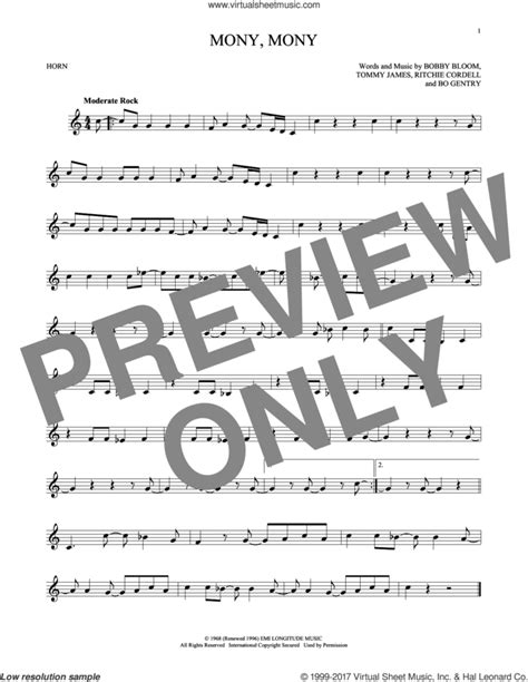 Mony Mony Sheet Music For Horn Solo PDF Interactive