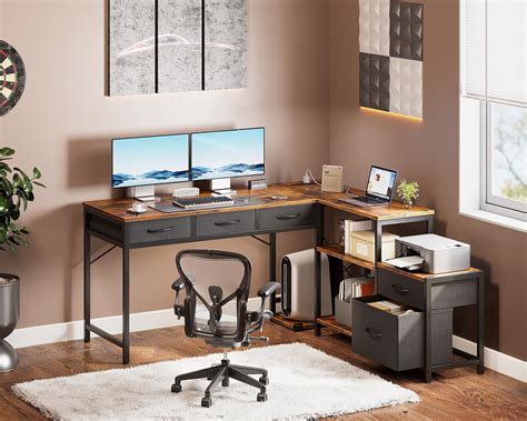 AODK L Shaped Computer Desk With Fabric Drawers And File Cabinet 61