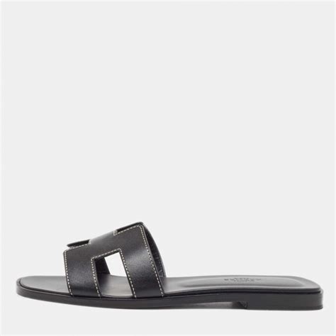 Hermes Black Leather Oran Flat Slides Size 365 Hermes The Luxury Closet