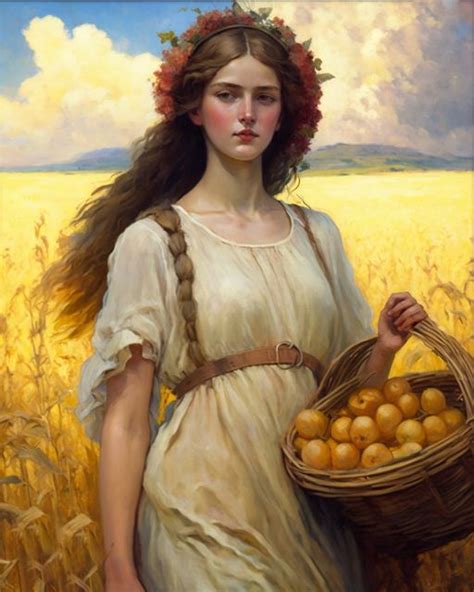 A Painting Of A Woman Holding A Basket Of Potatoes In A Wheat Field