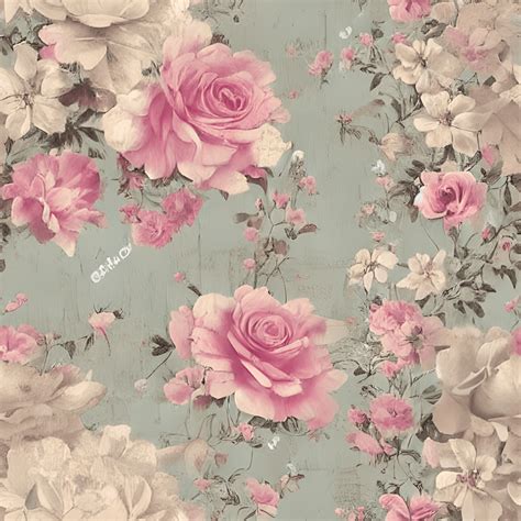 Superbe Peinture Sur Papier Peint Shabby Chic Vintage Flowers