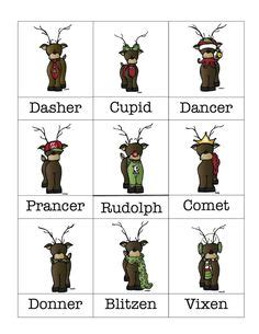 reindeer clip art with reindeer names | Vocabulary cards with Santa's ...