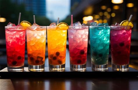 Premium Photo A Row Of Colorful Drinks Sitting On Top Of A Table A