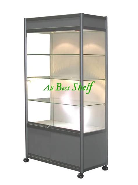 All Silver Glass Display Cabinet With Wheels And Lights Lockable