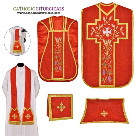 Red Roman Fiddleback Chasuble Set Holy Spirit Red Low Mass Set