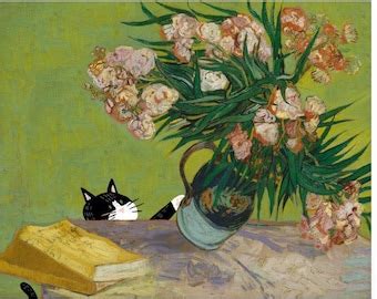 Black And White Tuxedo Cat Knocking Over Van Goghs Irises Etsy