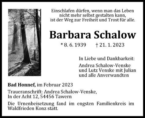 Traueranzeigen Von Barbara Schalow Ga Trauer De