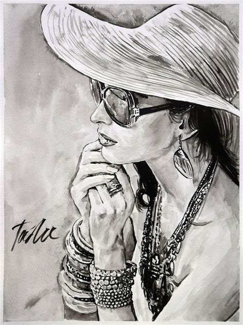 Sunny Holidays 30x40cm By Tashe Ink Drawing Female Art Painting