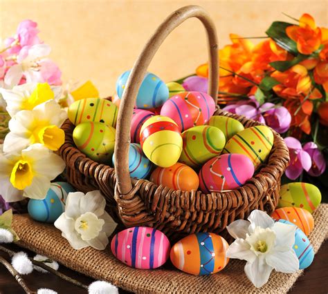 Holidays Easter Daffodils Tulips Eggs Wicker Basket Hd Wallpaper