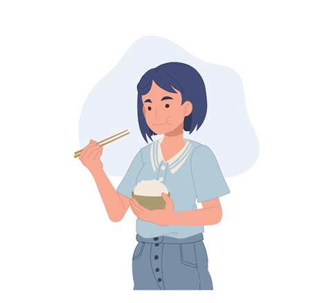 Premium Vector Woman Eating Rice With Chopstick Vector Illustration