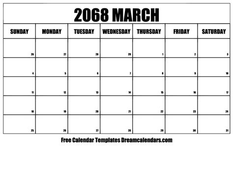 March 2068 Calendar - Free Printable with Holidays and Observances