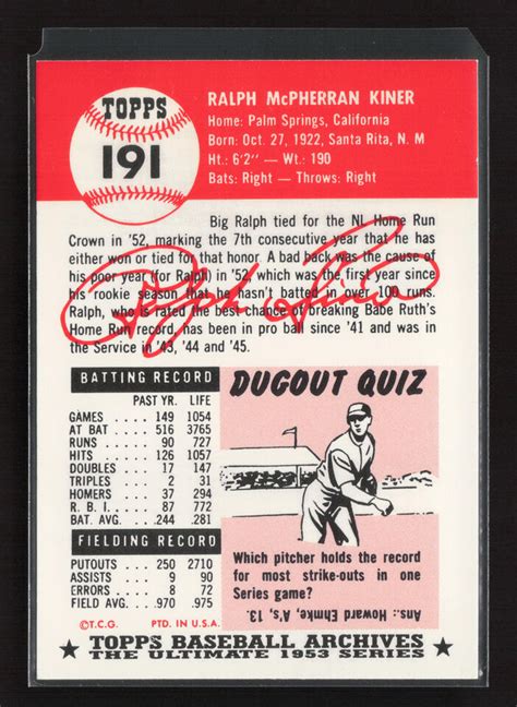 1991 Topps Archives 1953 191 Ralph Kiner Pittsburgh Pirates EBay