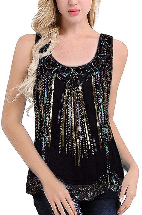 Vijiv Womens 1920s Vintage Beaded Tops Art Deco Sleeveless Embellished