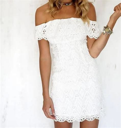 Summer Dress Sexy Women Mini Dresses White Slare Neck Short Sleeve Strapless Lace Ruffle Bodycon