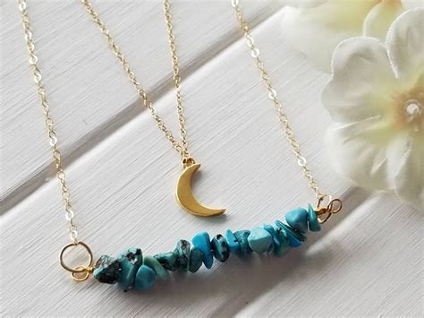 Turquoise Bead Bar Necklace Gold Turquoise Boho Necklace Etsy